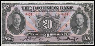 VG, tears at top and bottom. S/N:48355/A. $1,800-$2,000 788. 1938 Dominion Bank $5. CH 220-28-02. Fresh AU/UNC. S/N:011245. $600-$800 789. 1938 Dominion Bank $10.