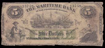 1837 Mechanics Bank $5. CH 435-10-04. PMG VF30. Nice black and white with three vignettes, attractive. S/N:2947/B. $250-$350 806. 1858 International Bank $5. CH 380-10-10-16.