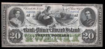 1872 Bank of Prince Edward Islands $20 Remainder. CH 600-12-16R. EF, beautiful design, great match for above lot. S/N:04608/A. $1,000-$1,250 853.