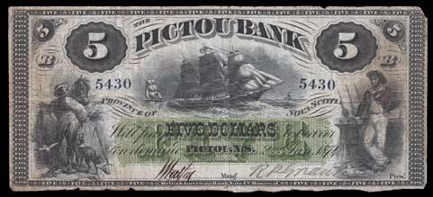 VG+, S/N:009922. 850. 1877 Bank of Prince Edward Island $5. CH 600-12-12a. Canada Currency O/P. VG. S/N:6240/B. $1,200-$1,300 851.