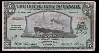 Large Signatures. S/N:161058/D. $180-$200 860. 1913 Royal Bank of Canada $10. CH 630-12-08. Fine, popular battleship note. S/N:3504738/C. $700-$775 861. 1927 Royal Bank of Canada $5. CH 630-14-04.