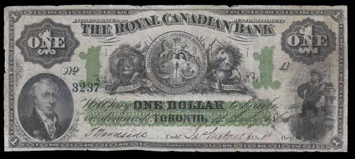 1938 Royal Bank of Canada $5. CH 630-32-02. Barbados issue. Fine, pressed with pen on front & back. S/N:003399. $1,500-$2,000 871. 1865 Royal Canadian Bank $1. CH 635-10-02-02. 4 July 1865, ABNCo.