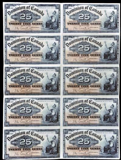 1870 Dominion of Canada Twenty Five Cents. CH DC-1c. Pressed VF, bottom margin is badly cut. 895. 1870 Dominion of Canada Uncut Pair Twenty Five Cents. CH DC-1c. Uncut pair, EF. $500-$1,000 896.