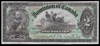 1898 Dominion of Canada $1. CH DC-13b. PCGS F15. S/N:752275/A, Series I. $300-$375 906. 1898 Dominion of Canada $1. CH DC-13b. Pressed VF, bold signatures.