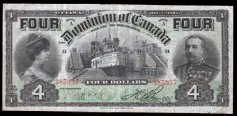 Huge margins. S/N:385937/B. $2,000-$3,000 917. 1911 Dominion of Canada $1. CH DC-18a. BCS F15. Margins tears. S/N:055387/C. 918.