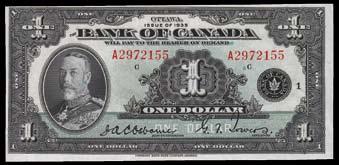 UNC. No gold security on OSD. S/N:EIJ3836090. 964. 1935 Bank of Canada $2. CH BC-3. AVF. S/N: A1484695/B. Ban k of Ca n a d a 955. 1935 Bank of Canada $1. CH BC-1.
