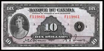 $400-$450 969. 1935 Bank of Canada $10. CH BC-7. VF. S/N:A602158/A. $400-$450 958. 1935 Banque Du Canada $1. CH BC-2. BCS VG 8, pinhole, trimmed. S/N:F0550139/B. $100-$110 959.