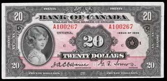 Lot # Description Estimate Lot # Description Estimate 971. 1935 Bank of Canada $20. CH BC-9b. BCS EF40. S/N:A100267/C. $4,000-$4,500 975.