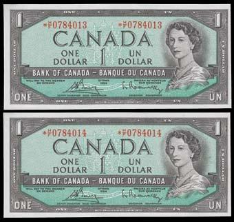 1954 Bank of Canada $50 Devil s Face. CH BC-34a. BCS VF25, changeover note. S/N:A/H0531045. $120-$180 1014. Lot of Two Consecutive 1954 Bank of Canada $1 Replacement Notes. CH BC-37cA. Nice Unc.
