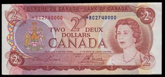 1954 Bank of Canada $5 Replacement Note. CH BC-39bA. BCS VF30. S/N:*I/X0015398. Lot # Description Estimate 1026. 1973 Bank of Canada $1 Sheet of 40 Notes. CH BC-46b. AU. BFD Prefix. 40 Notes. 1027.