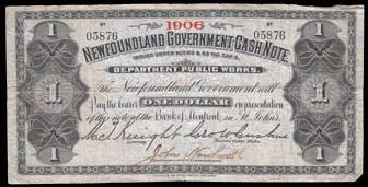 PMG AU50 EPQ. Nice original remainder from Cuvillier & Sons. 717. 1903 Newfoundland One Dollar Cash Note. CH NF-5c. Fine/VF, small hole at center of note. 6 Known, one in institutional collection.