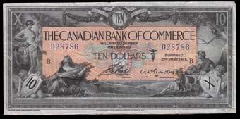 Fine, number 6 on front and staining. S/N:057253/B. 2 Pcs. 749. 1917 Canadian Bank of Commerce $20. CH 75-16-04-20. Fine. S/N:339854/D. $1,200-$1,500 742. 1917 Canadian Bank of Commerce $5.