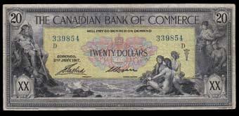 Pressed fine, crayon on front. Type II with general manager typed in italics. S/N:285048/D. $800-$1,000 750. 1917 Canadian Bank of Commerce $20. CH 75-16-04-18. VG+, wear at center top and bottom.