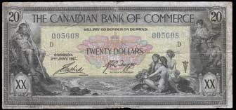 1935 Canadian Bank of Commerce $5. CH 75-18-04. AEF. Arscott signature. S/N:A219940. $250-$350 744. 1917 Canadian Bank of Commerce $10. CH 75-16-04-10a.