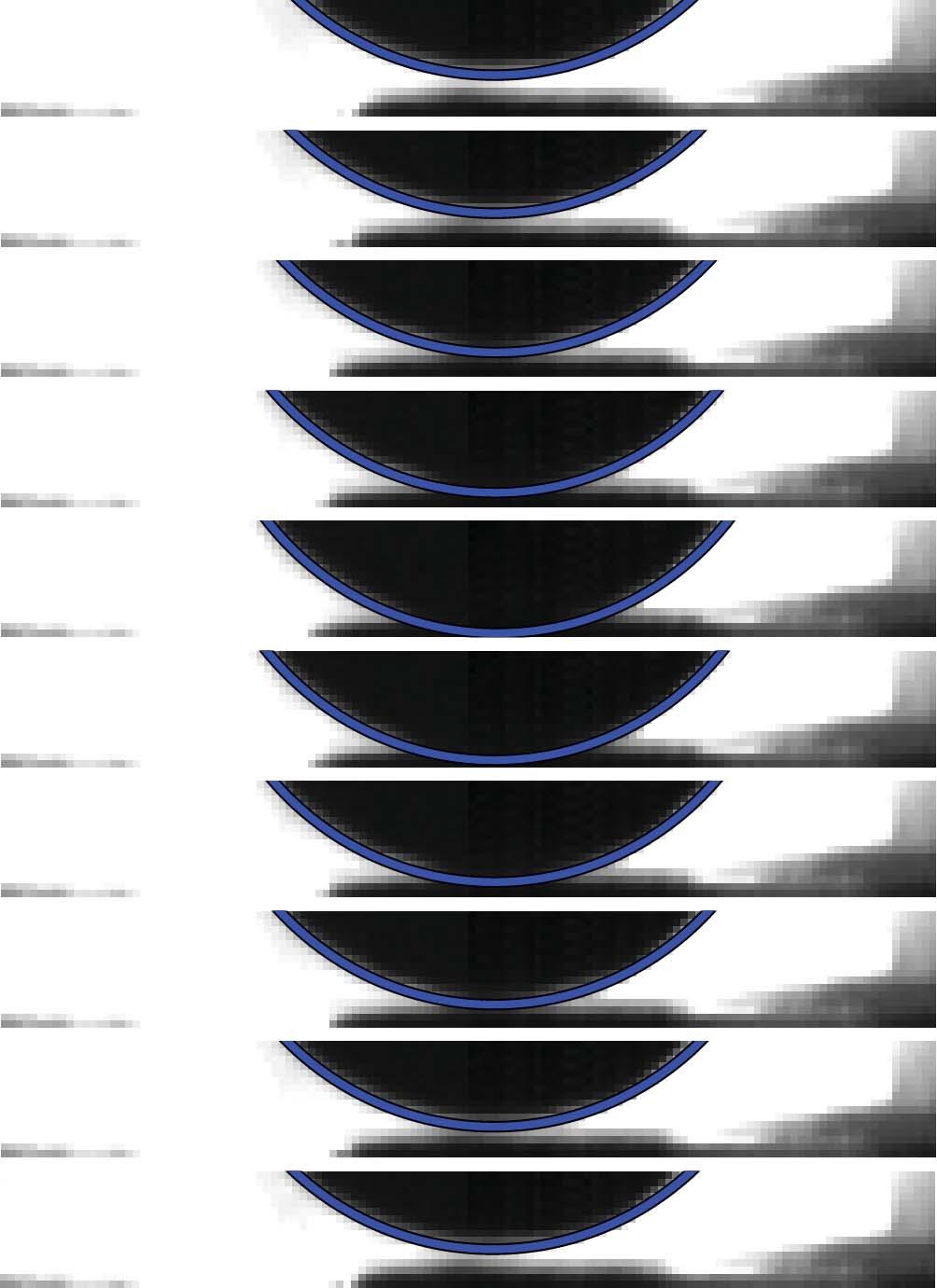 Figure 4.6: Images of ball bearing impact on delaminated concrete from high-speed video at 250 kfps. The estimated position of the ball bearing after image processing is outlined with the blue circle.