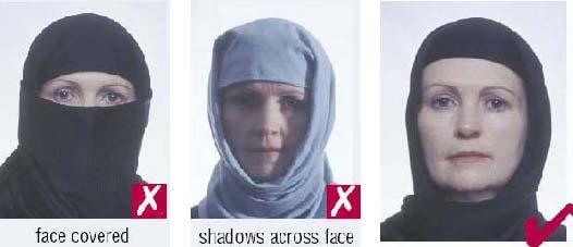 Head coverings are not permitted except for religious reasons, but the facial features from bottom of chin to top of forehead and both edges of the face must be clearly shown.