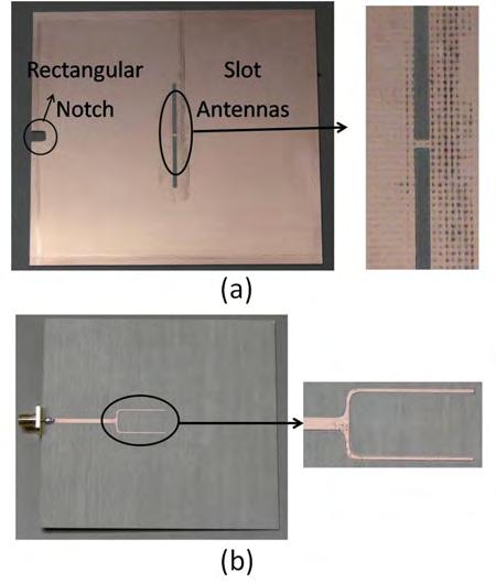 26 Fig. 2.2: A picture of the fabricated antenna: (a) lower substrate with feed line, and (b) upper substrate with the etched slots.