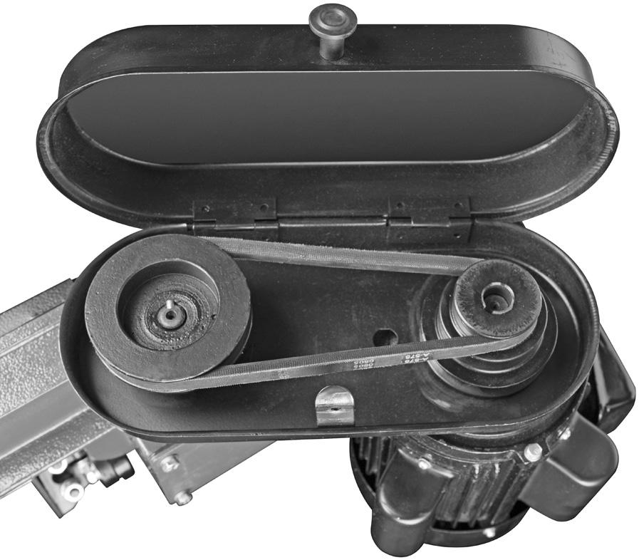 To replace the V-Belt: 1. Open the Pulley Cover (101). Pulley Cover (101) Bolt (108) Figure AA Screw (141) Flat Washer (142) Blade Back Cover (82) Motor (115) 2.