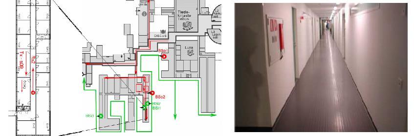 16 Figure 3.2: Floorplan and photograph of the measurement site of the 2.45 and 5.25 GHz channel measurements for A1: indoor environment [21]. 3.1.2. B1: Urban Microcell In the urban microcell environment, the height of BS and MS antennas is below the top of the buildings.
