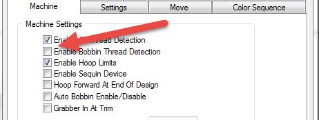 Finally, click on Tools>Settings and uncheck Enable Bobbin Thread Detection.