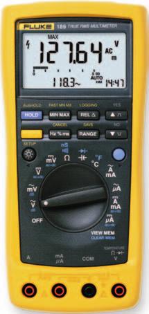 Unique function for accurate voltage and frequency measurements on adjustable speed motor drives. Built-in thermometer. Measures A and ma. Large display with bright white backlight.