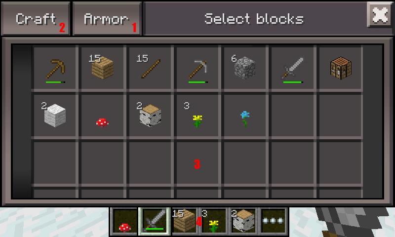 1: Armor Tab 2: Personal crafting Tab 3: Inventory grid 4: Toolbar Figure 7: Inventory window from the Mobile version of Minecraft 2.4.1 PC specific changes The inventory window is optimized for mouse input.