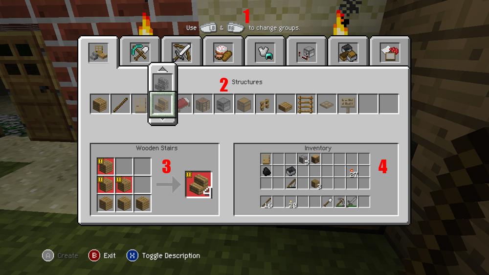 Tabs 2: List of Items 3: Crafting Grid 4: Inventory Grid