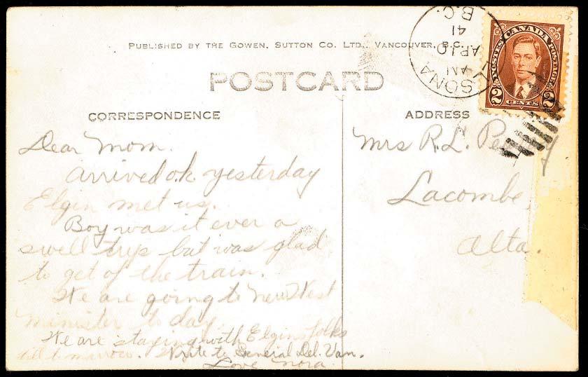 $35 Item #17 1941 Elsona, BC (AP 10 41) es 2c Mufri on postcard to
