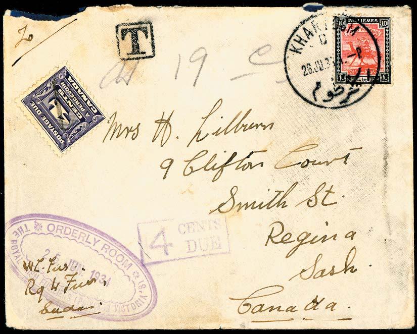 $120 Item #21 Egypt 1934 Khartoum to Regina, Sask, postage due, T hs and