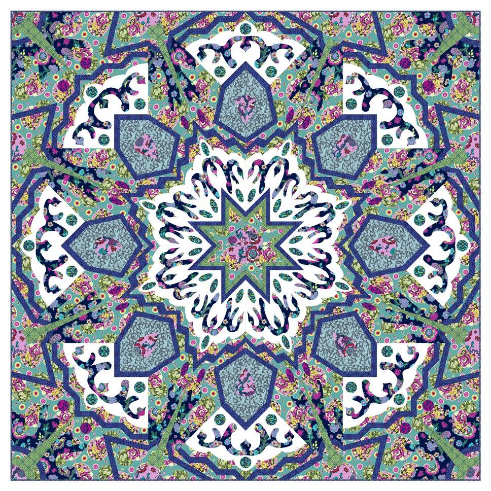 Featuring Night Music by Amy Butler Intricate machine appliqué creates a beautiful kaleidoscope quilt fuse them, or not, depending on your preference.