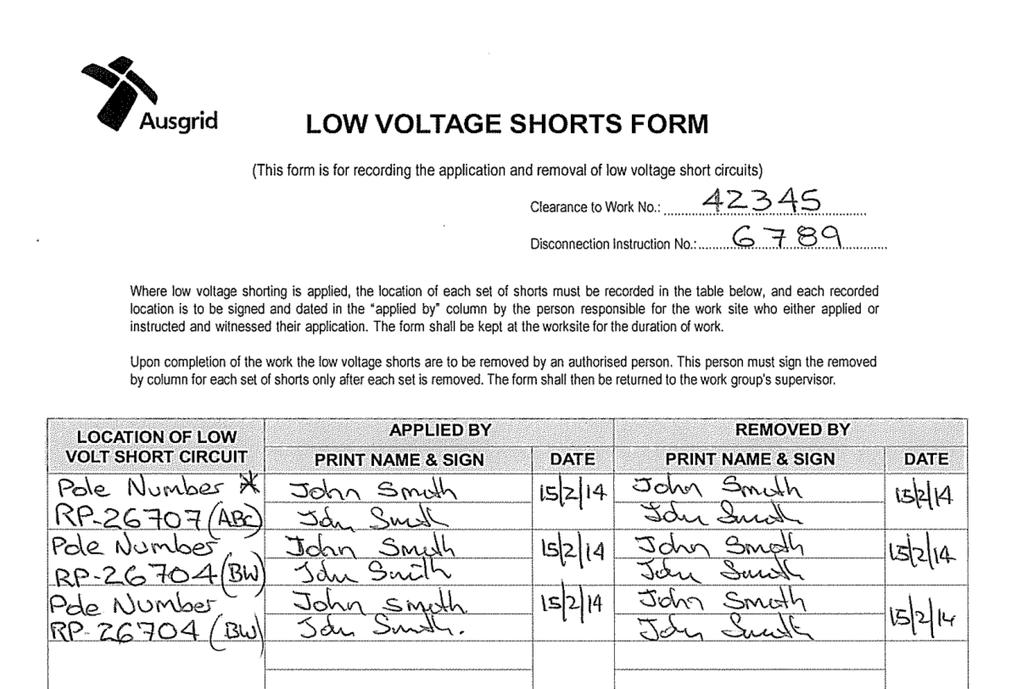 E2 LV Short Circuit Form Overhead example