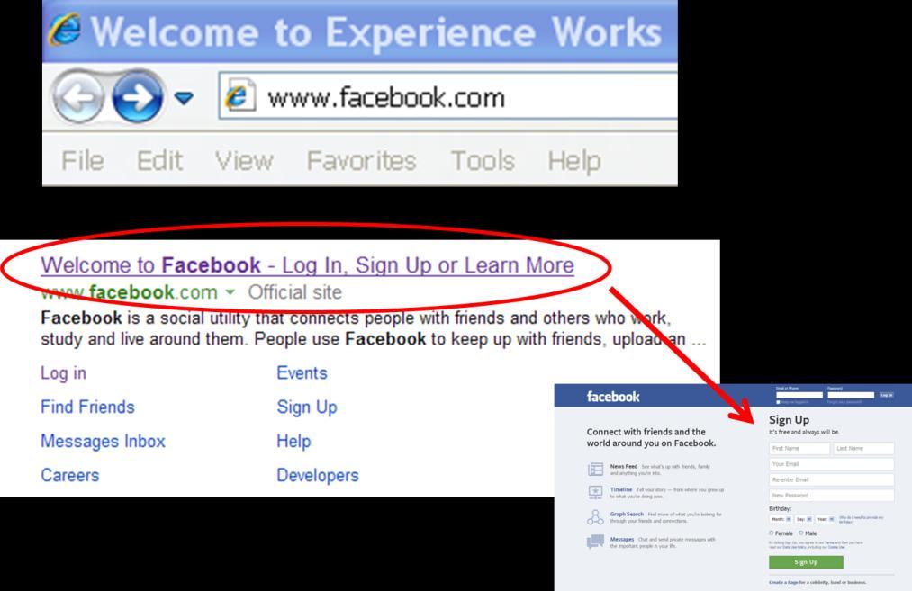 Creating a Facebook Account To locate the Facebook homepage on the internet, use your Internet search browser such as Bing or Google and