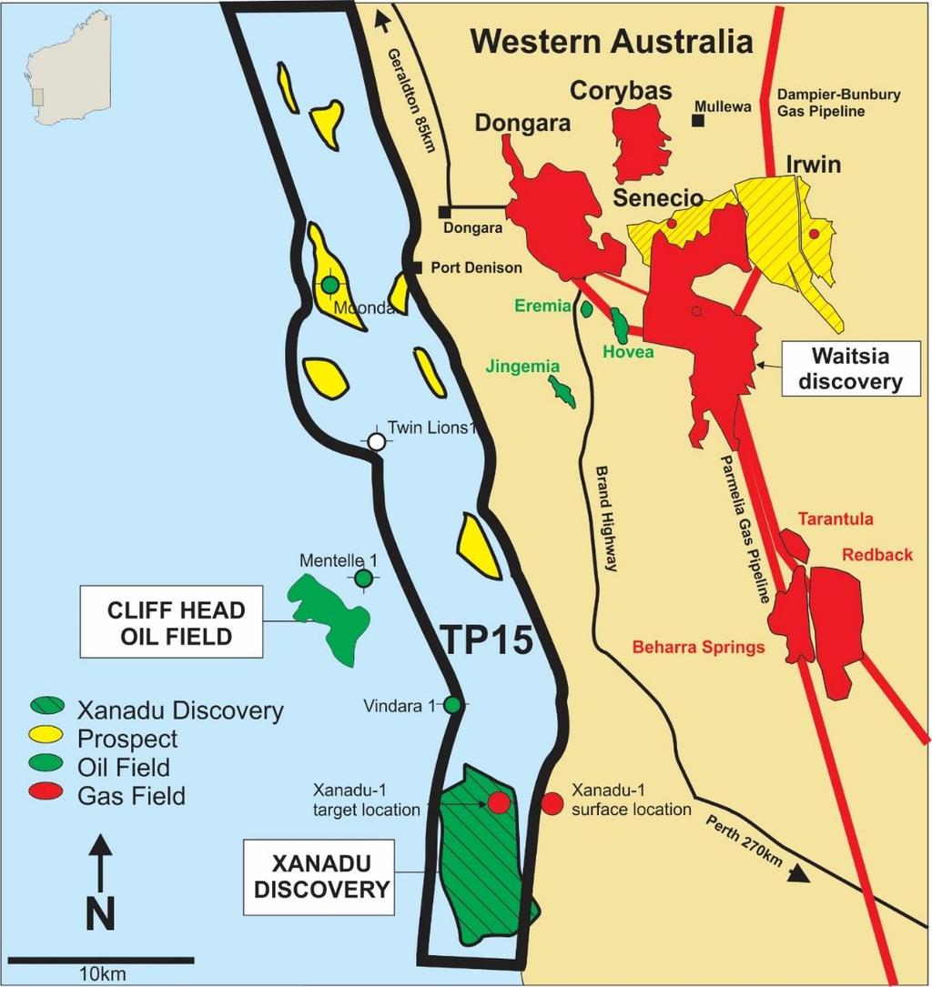 Xanadu Discovery The Xanadu Discovery is within TP/15, located in the northern Perth Basin approximately 250 km north of Perth The permit occupies the 3 nautical mile wide state