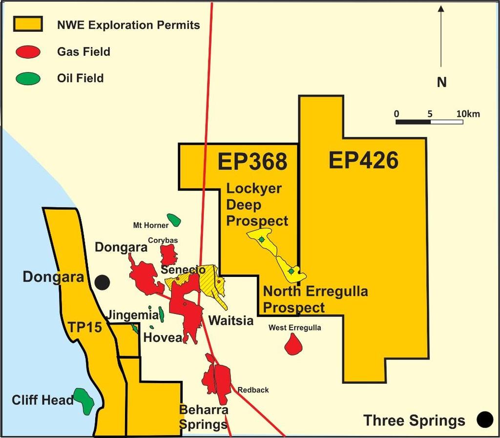 EP368 & 426 Major gas prospect located 15 km from AWE s Waitsia discovery targeting same formations Two drillable prospects Lockyer Deep and North Erregulla Already proven oil bearing