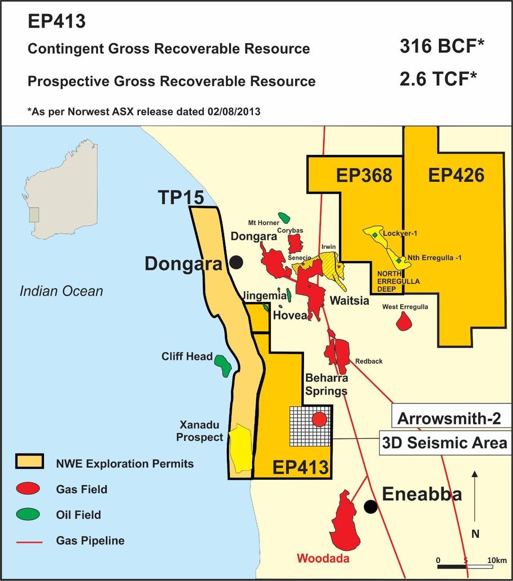 EP413 ARROWSMITH PROJECT Located approximately 300km north of Perth Arrowsmith-2 well drilled in mid- 2011 resulted in the Arrowsmith Field being declared a discovery Project currently on