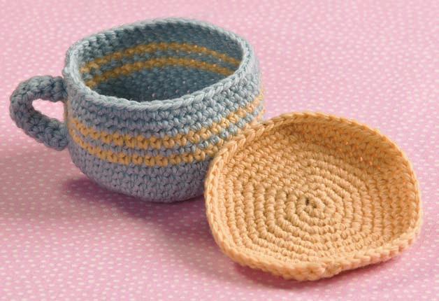 tea set and cookies LID Using yellow yarn, R2: Sc 2 in each sc around (12 sts). R8: *Sc 6, 2 sc in next sc*, rep 6 times. (48 sts) R9 13: Sc 48.