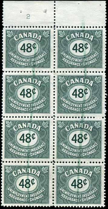 1955 UNEMPLOYMENT INSURANCE FU40-48c Plate Number block of 8 VF used.