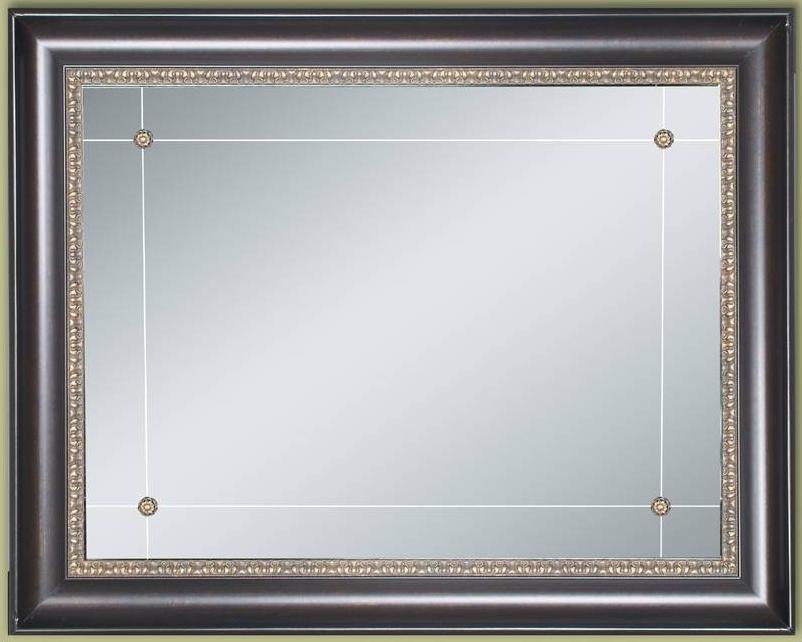 Renaissance Mirror w/ Rosettes Features: 2 ½ x 1 ¼ Traditional Frame with Rubbed Bronze Foil Finish and Elegant Leafed Embossing V-Groove cut Mirror Accented with Metal