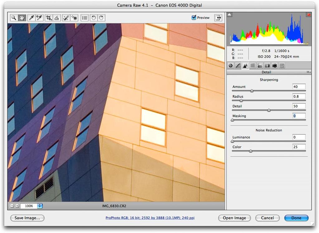 Camera Raw 4.1 update Sharpen Landscapes Figure 2 shows the settings that would be used to sharpen a landscape image, or in this case, an architectural scene.