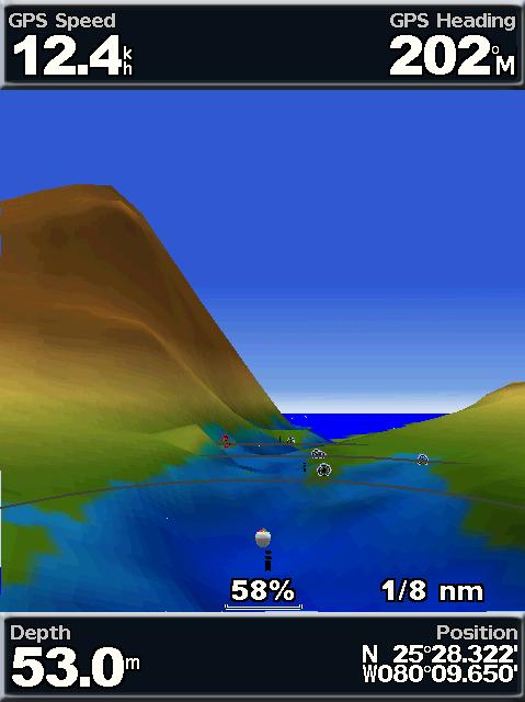 Using Mariner s Eye 3D A BlueChart g2 Vision SD card offers Mariner s Eye 3D that provides a detailed three-dimensional view from above and behind the boat (according to your course), and provides a