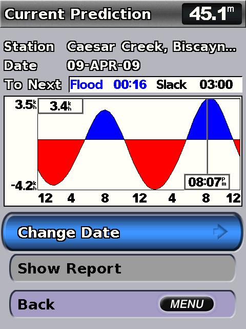 Current-station information is shown. Select Change Date > Manual to view tide information for a different date. Select the left and right arrows on the Rocker to move the time line.