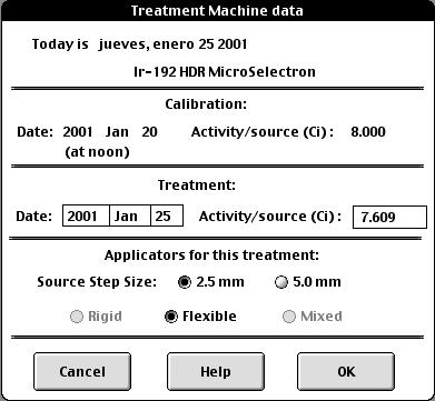 In the case of a regular machine a second window, the Treatment Machine data window, will be displayed showing the relevant data of the selected machine, as recorded in the machine library, including