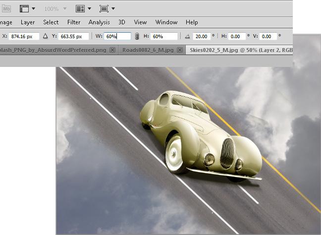 STEP 3 Select the talbot car image and paste it on the road go to edit >transform>rotate 20o than scale down to 60 x