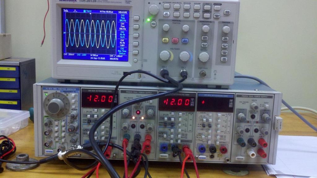Image 2: The image below shows the oscilloscope (top, Tektronix TDS2012B), and function generator/power supply (bottom, FG 501A 2MHz Function Generator, DM 502A Autoranging DMM, PS503A Dual Power