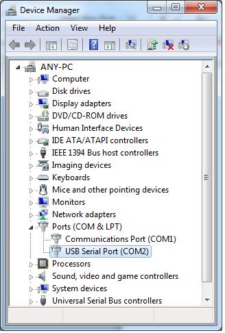 10. Click OK on the USB Serial Port Properties (COM2 in this example) window to return to the Device Manager main window. 11. Verify that the desired comm port (COM2 in this example) is enabled.