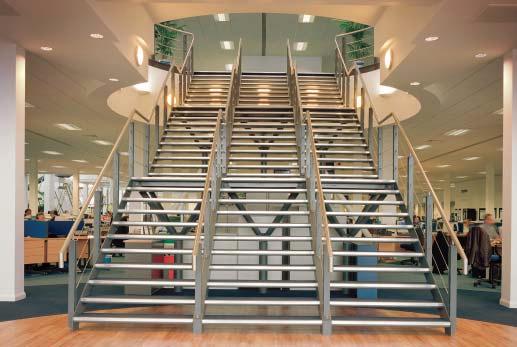 Staircases and Balustrading Mild steel powder coated feature staircase and balustrading. The balustrading has a stainless steel top rail and three stainless steel wire infills.