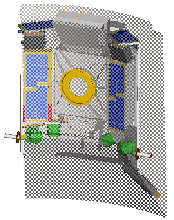 The primary solar arrays are body mounted on three sides of the spacecraft with small keep-alive arrays positioned on the other sides providing enough power to run critical subsystems regardless of