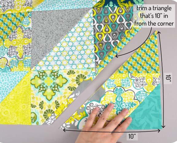 Create 5 rows of 5 like this, then sew the rows together to create a large square that s about 33 1/2 x 33 1/2. Though absolute precision isn t necessary for this project.