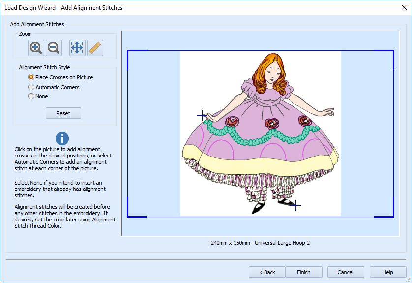Load Design Wizard Add Alignment Stitches Zoom in and out Select an alignment stitch style Remove stitches and start again Use the Add Alignment Stitches page to add stitches at the beginning of the