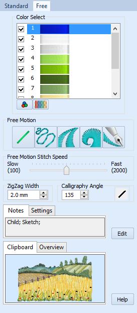 Free Motion Mode Change a thread color View or hide a thread color Change colors & thread range Draw a Free Motion line Place Single Stitches Set the speed of stitching Set the Zigzag line width